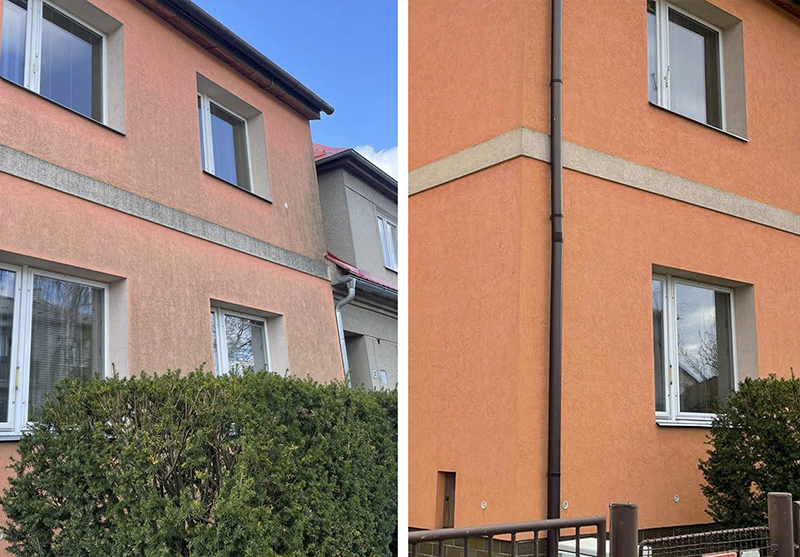 Před a po, čištění fasády rodinného domu v Olomouci